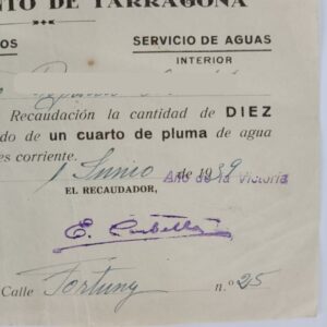 Recibo de Aguas del ayuntamiento de Tarragona 1939