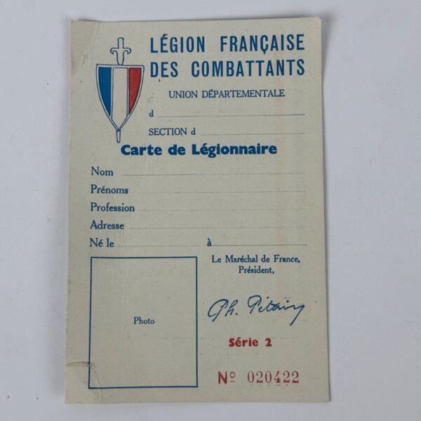 Carnet Legión Francesa de Combatientes Francia de Vichy