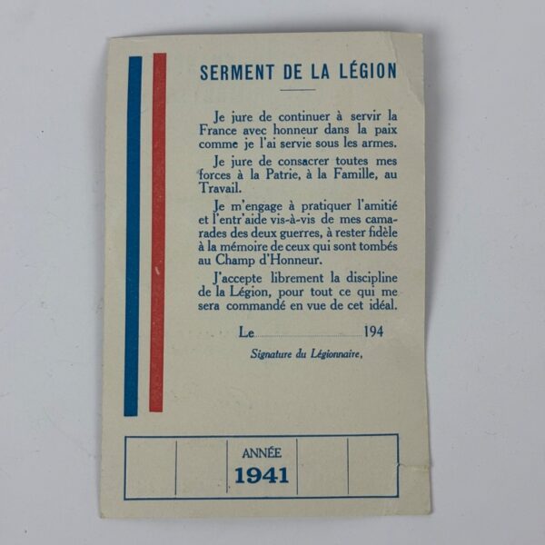 Carnet Legión Francesa de Combatientes Francia de Vichy